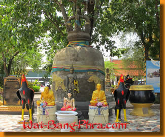 An ancient bell is guarded by holy figures and animals in the temple Wat Bang Phra